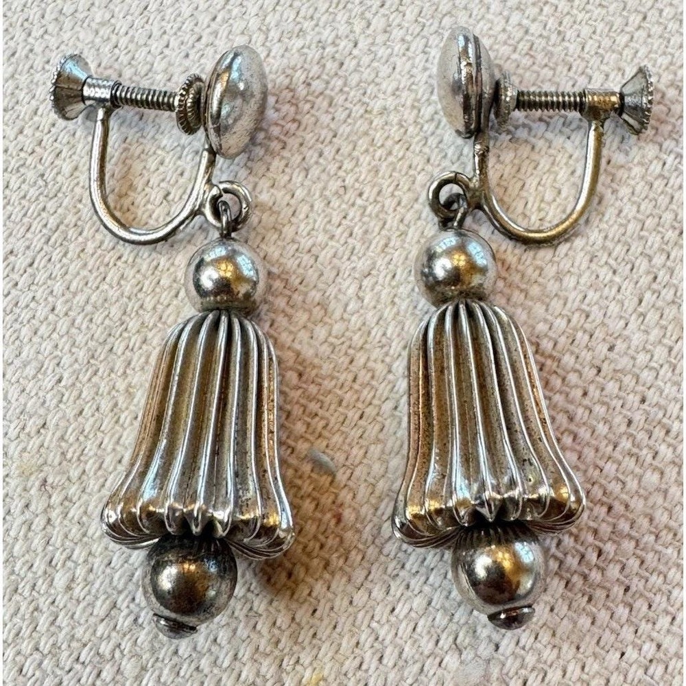Sterling Silver Fluted Bell Dangle Earrings Screw Back Vintage 6.4g 1.5"
